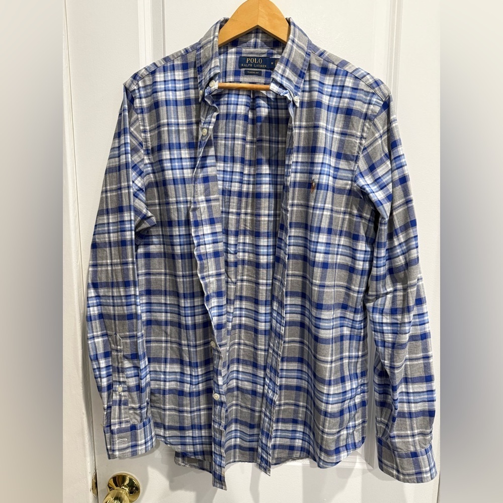 Ralph Lauren Men's Blue and Gray Plaid Shirt